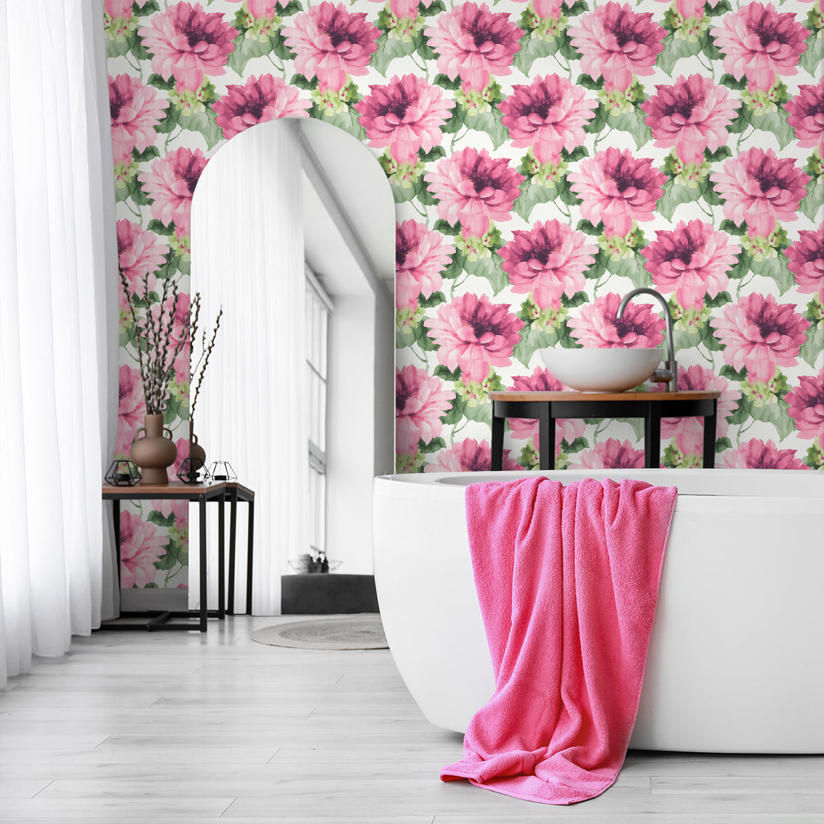 Watercolor Floral Peel-and-Stick Wallpaper in Cerise Pink/Evergreen by Harry & Grace