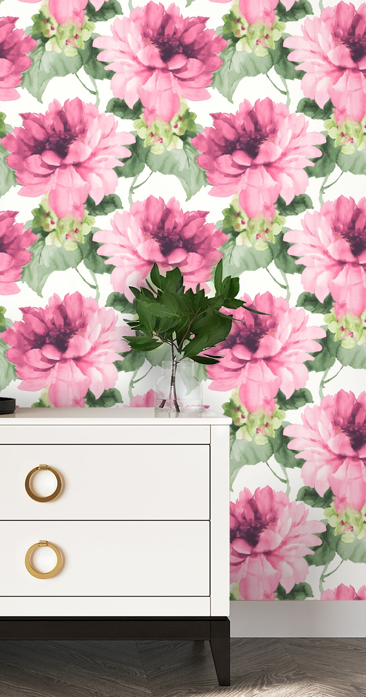 Watercolor Floral Peel-and-Stick Wallpaper in Cerise Pink/Evergreen by Harry & Grace