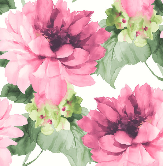 Watercolor Floral Peel-and-Stick Wallpaper in Cerise Pink/Evergreen by Harry & Grace