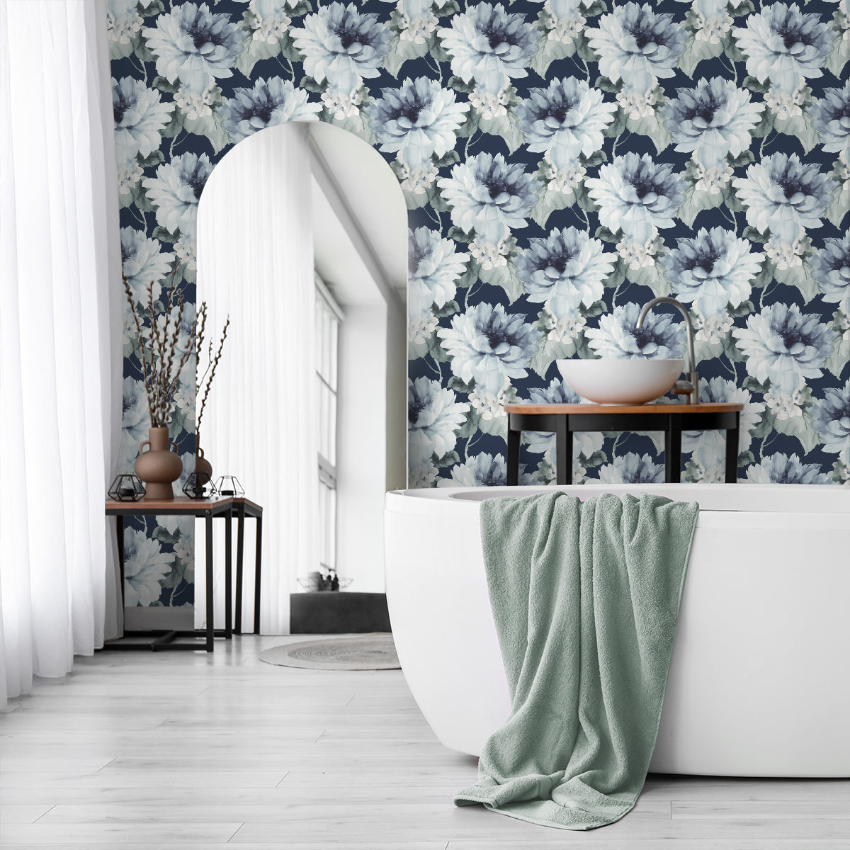 Watercolor Floral Peel-and-Stick Wallpaper in Navy/Slate Green by Harry & Grace