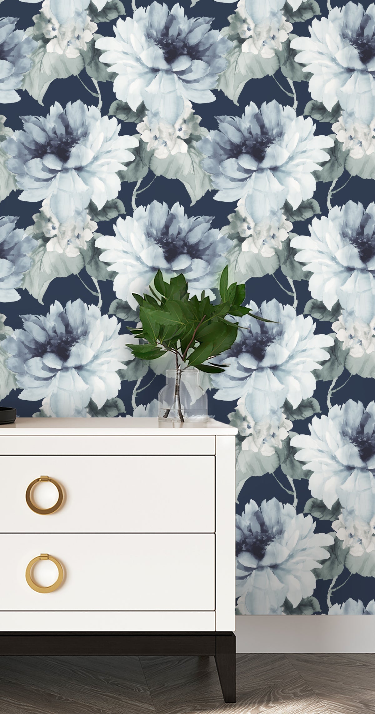 Watercolor Floral Peel-and-Stick Wallpaper in Navy/Slate Green by Harry & Grace