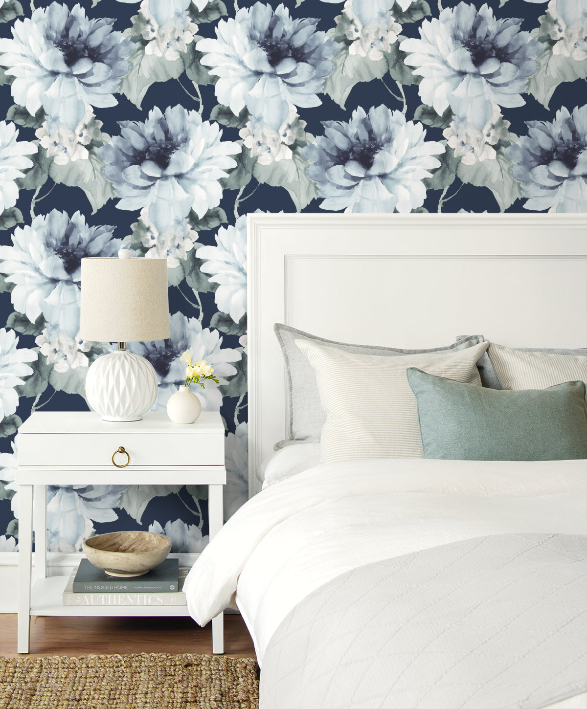 Watercolor Floral Peel-and-Stick Wallpaper in Navy/Slate Green by Harry & Grace