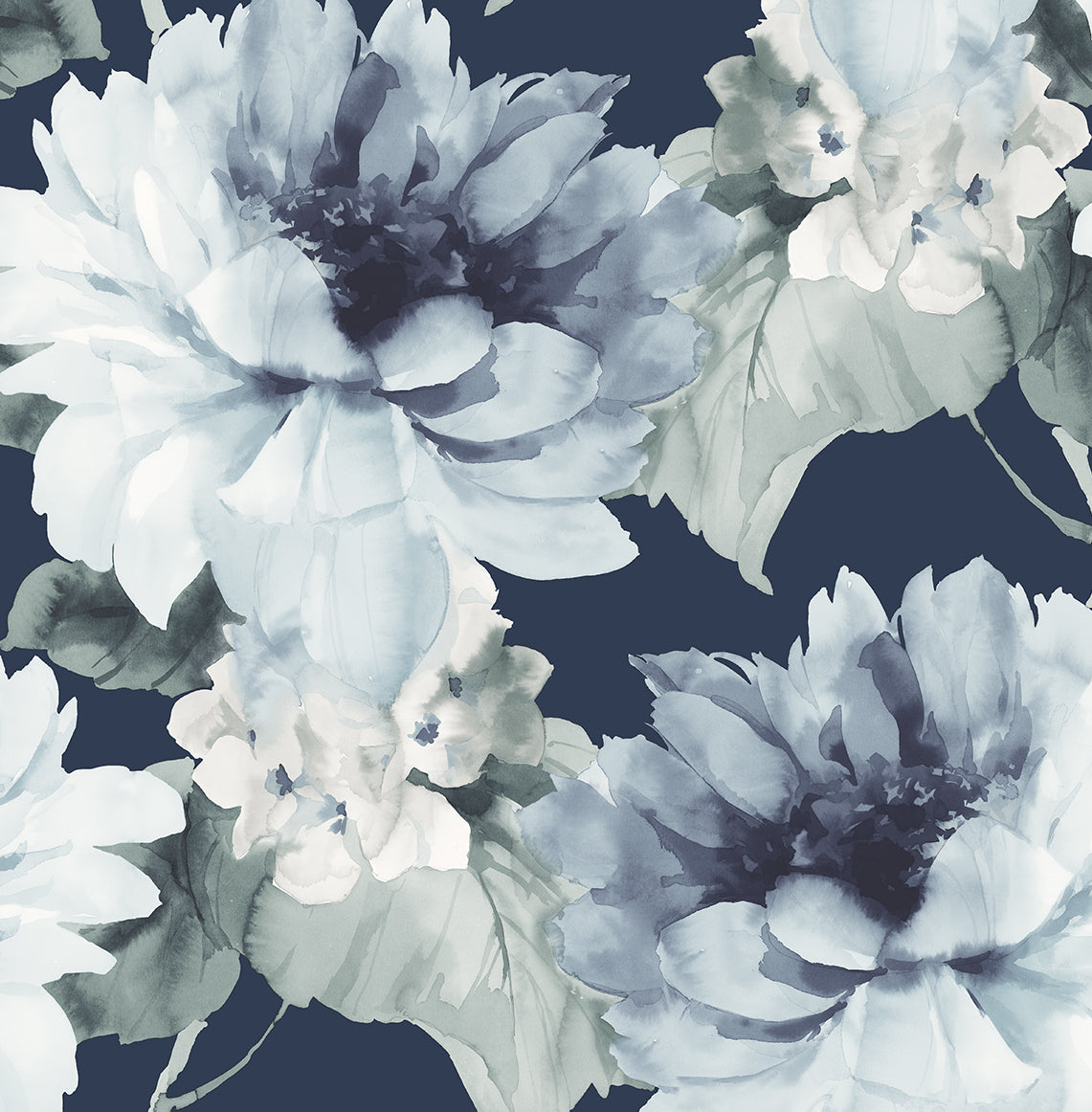 Watercolor Floral Peel-and-Stick Wallpaper in Navy/Slate Green by Harry & Grace