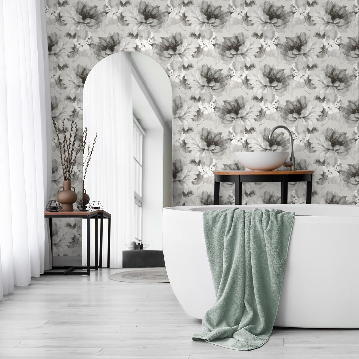 Watercolor Floral Peel-and-Stick Wallpaper in Ash/Silver by Harry & Grace