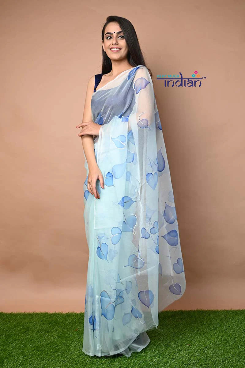 Hand Painted Exclusive Organza Saree in Sky Blue with Cobalt Blue Designs