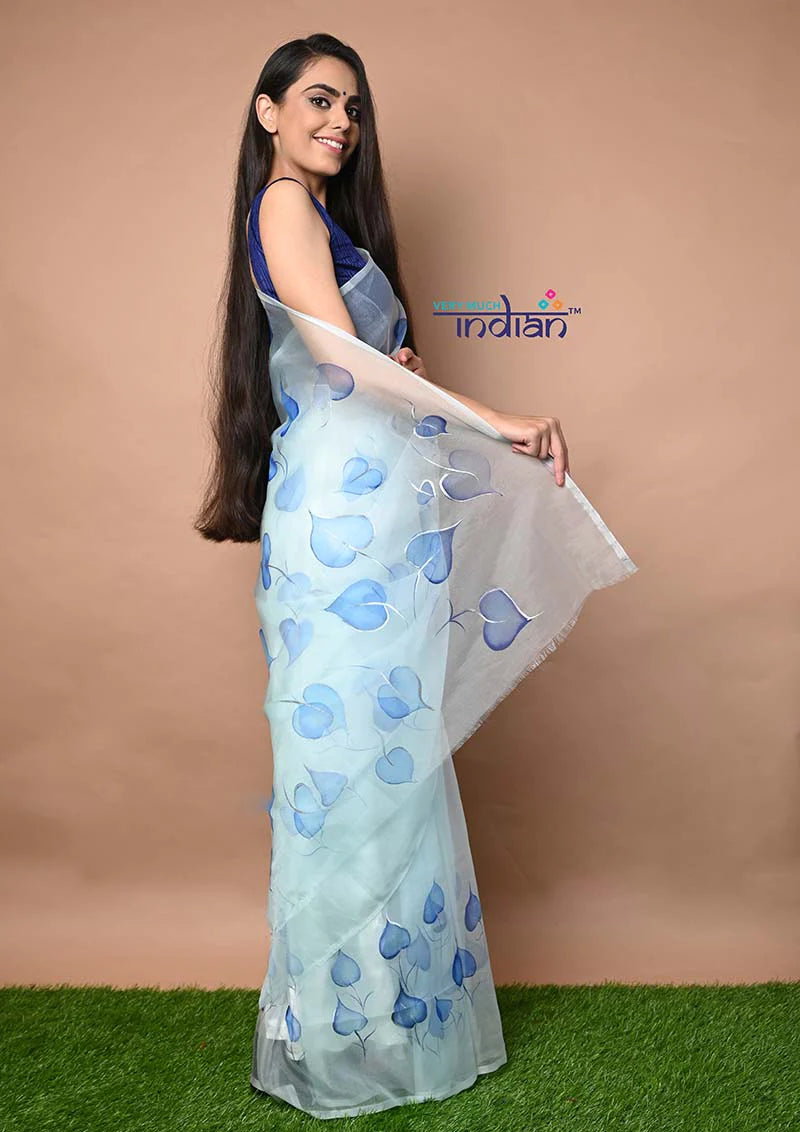 Hand Painted Exclusive Organza Saree in Sky Blue with Cobalt Blue Designs
