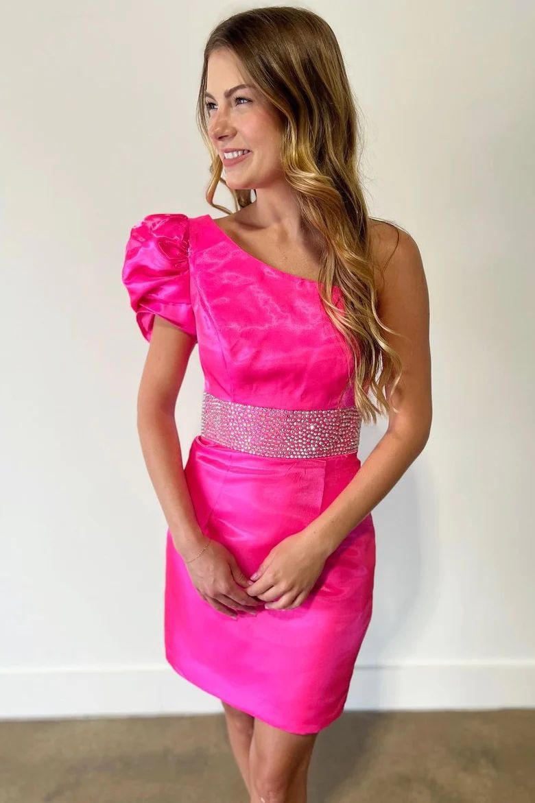 Hot Pink One Shoulder Homecoming Dress with Beaded Waist