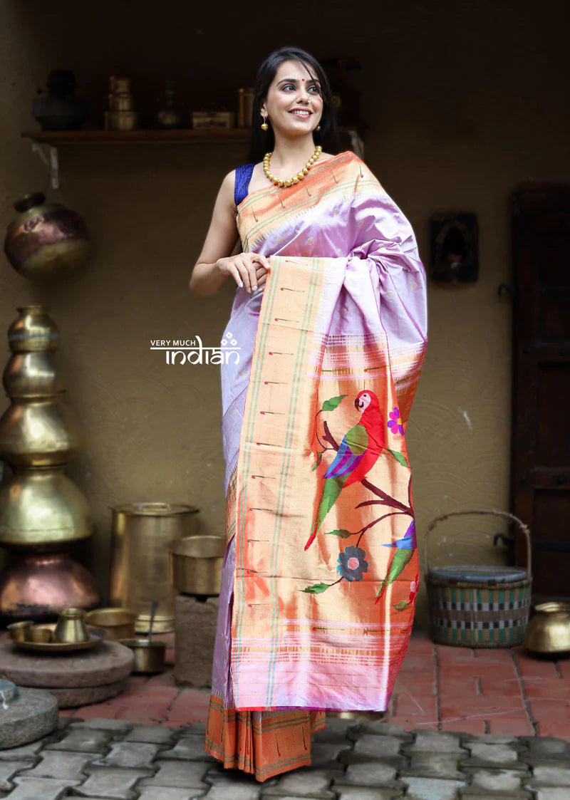 Exclusive Muniya Border - Authentic Handloom Pure Silk Muniya Border Paithani - Beautiful Lavender with 3 Parrots Pallu (High Quality Silk)