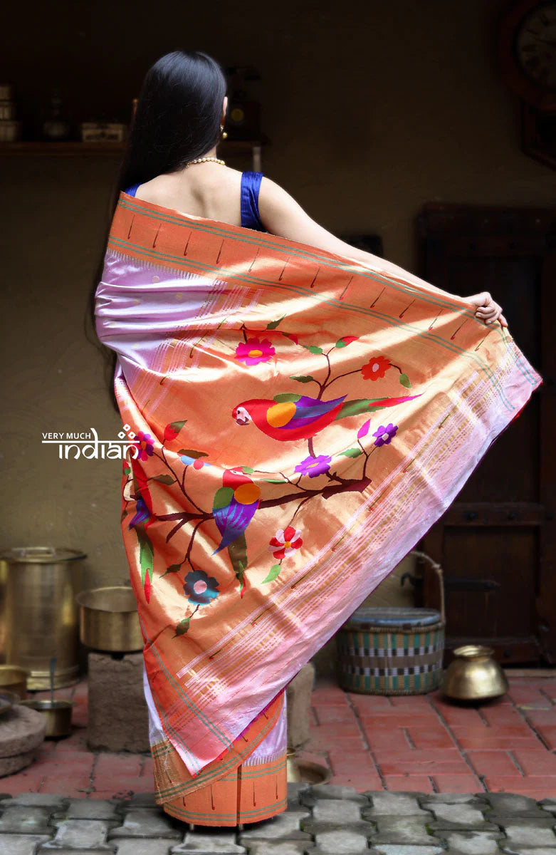 Exclusive Muniya Border - Authentic Handloom Pure Silk Muniya Border Paithani - Beautiful Lavender with 3 Parrots Pallu (High Quality Silk)