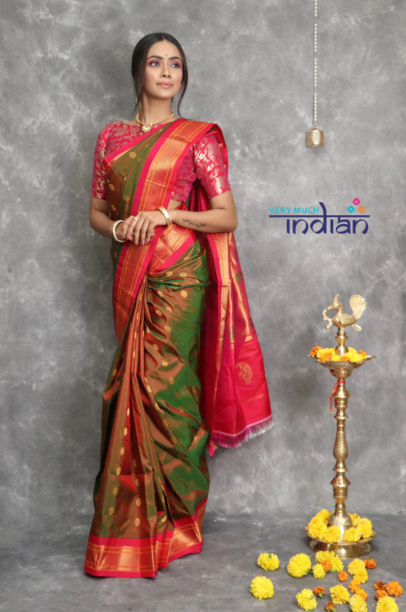 Rajsi~ Pure Silk Handloom - Maharani Paithani in dual shade of Olive Green and Magenta Border