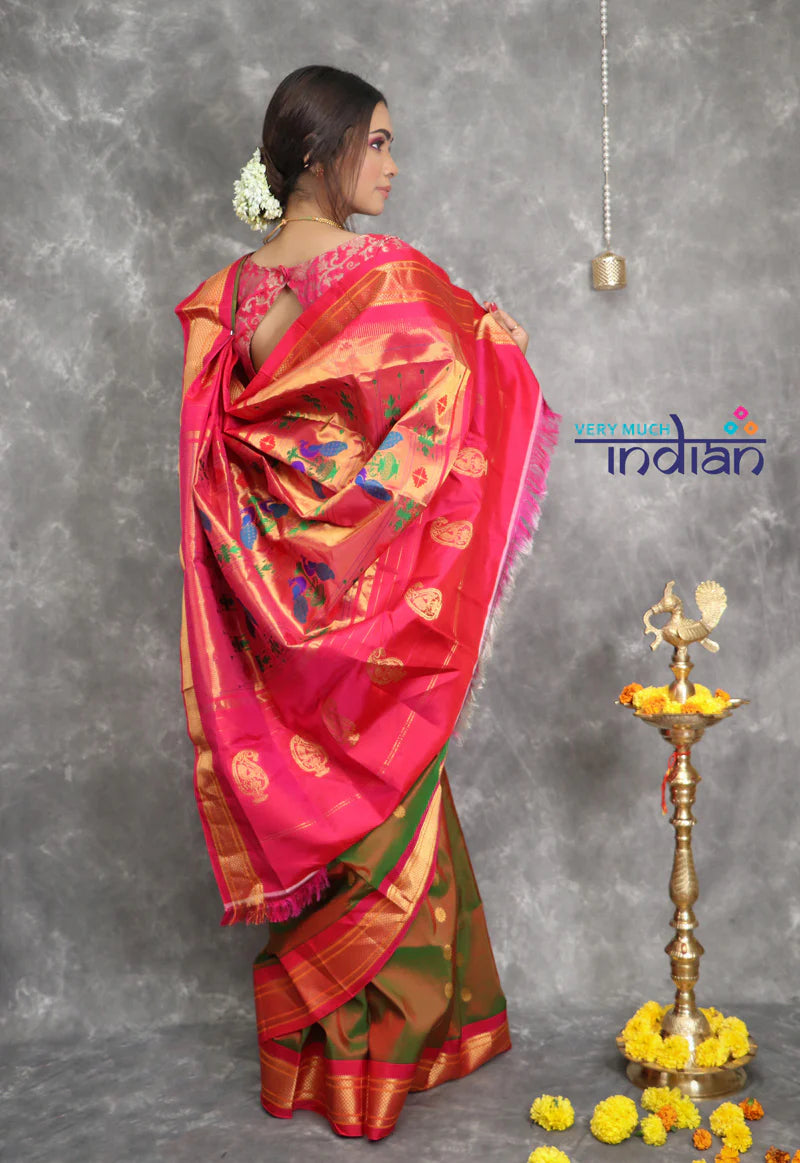 Rajsi~ Pure Silk Handloom - Maharani Paithani in dual shade of Olive Green and Magenta Border