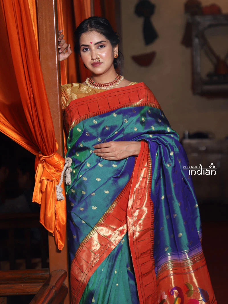 Exclusive Muniya Border - Authentic Handloom Pure Silk Muniya Border Paithani with Exclusive Pallu and Buttis - Dual Tone Blue Green