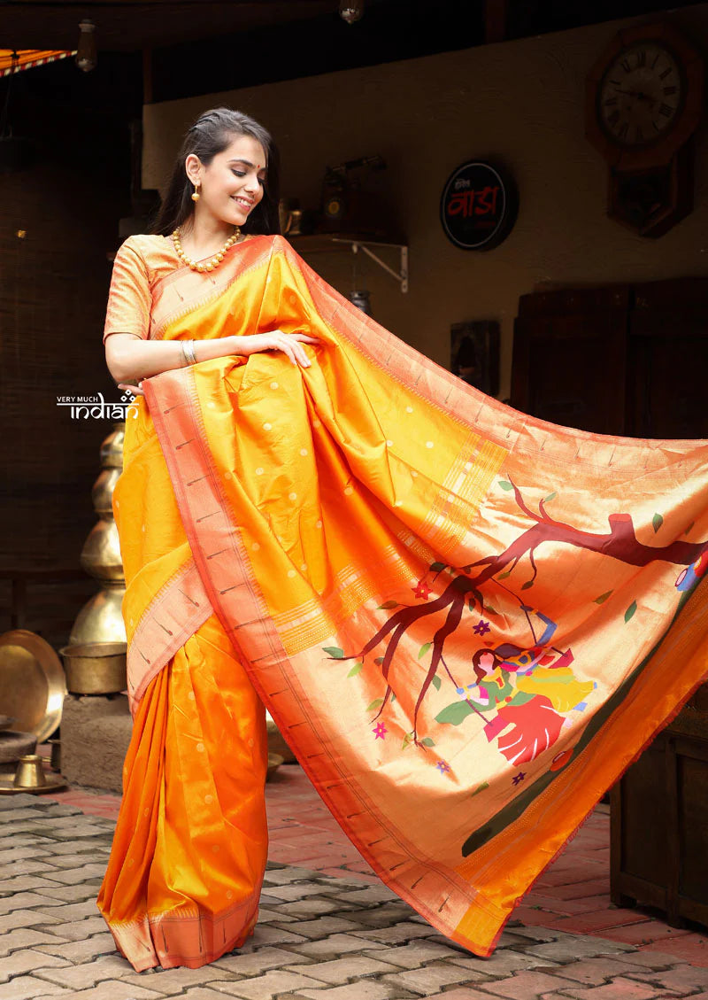Exclusive!Authentic Handloom, Beautiful Orange Yellow, Pure Silk Muniya Border Paithani with Radha Krishna Pallu(High Quality Silk)