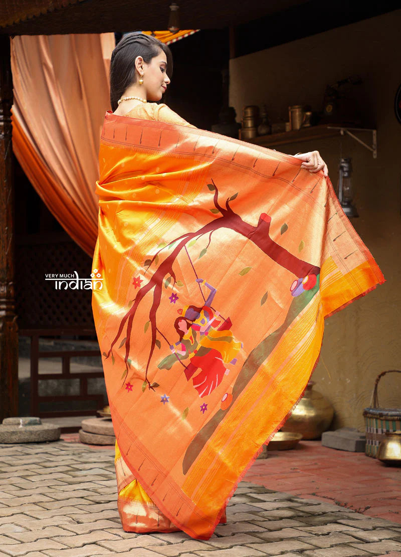 Exclusive!Authentic Handloom, Beautiful Orange Yellow, Pure Silk Muniya Border Paithani with Radha Krishna Pallu(High Quality Silk)