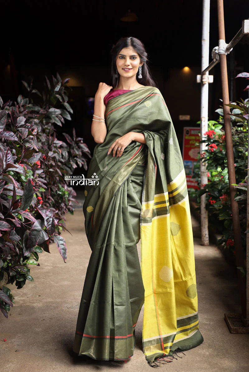 Utsaav ~ Raw Dupion Silk saree in Dark Olive Green and Pastel Yellow