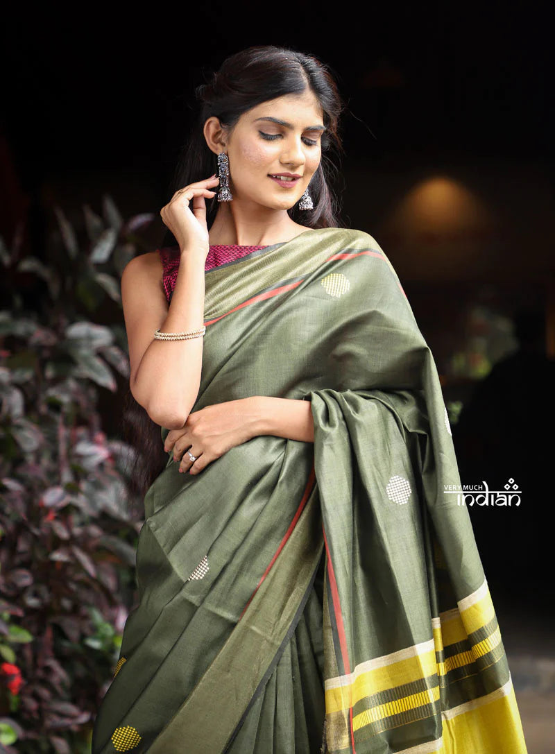 Utsaav ~ Raw Dupion Silk saree in Dark Olive Green and Pastel Yellow