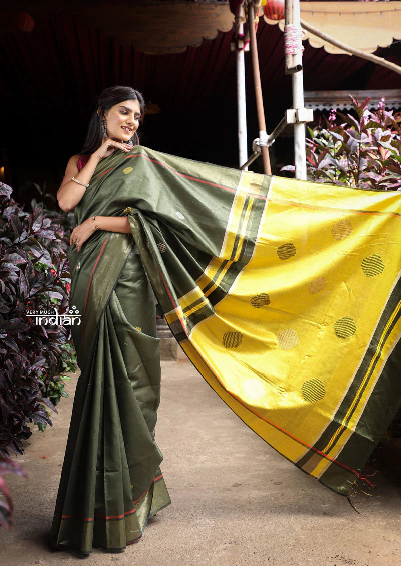 Utsaav ~ Raw Dupion Silk saree in Dark Olive Green and Pastel Yellow