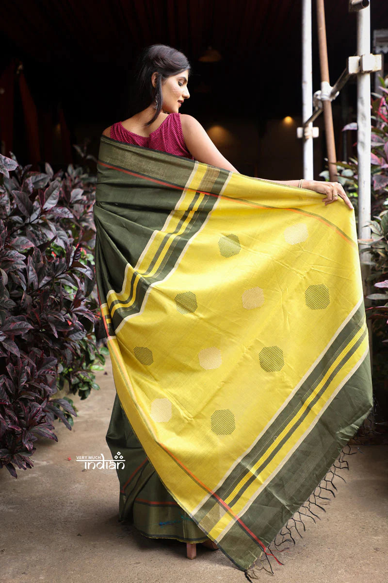 Utsaav ~ Raw Dupion Silk saree in Dark Olive Green and Pastel Yellow