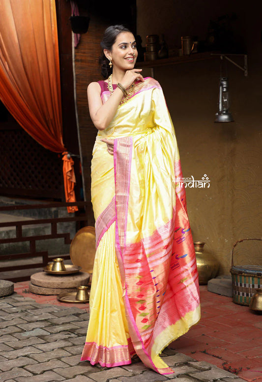 Utsaav ~ Traditional Handloom Pure Silk Paithani Pastel Light Yellow with Light Pink Border