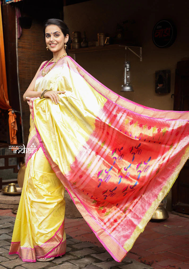 Utsaav ~ Traditional Handloom Pure Silk Paithani Pastel Light Yellow with Light Pink Border