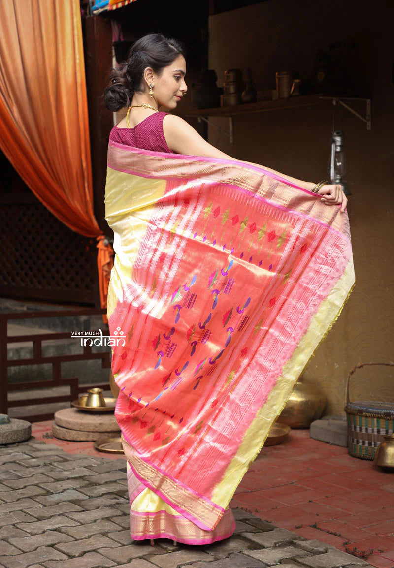 Utsaav ~ Traditional Handloom Pure Silk Paithani Pastel Light Yellow with Light Pink Border