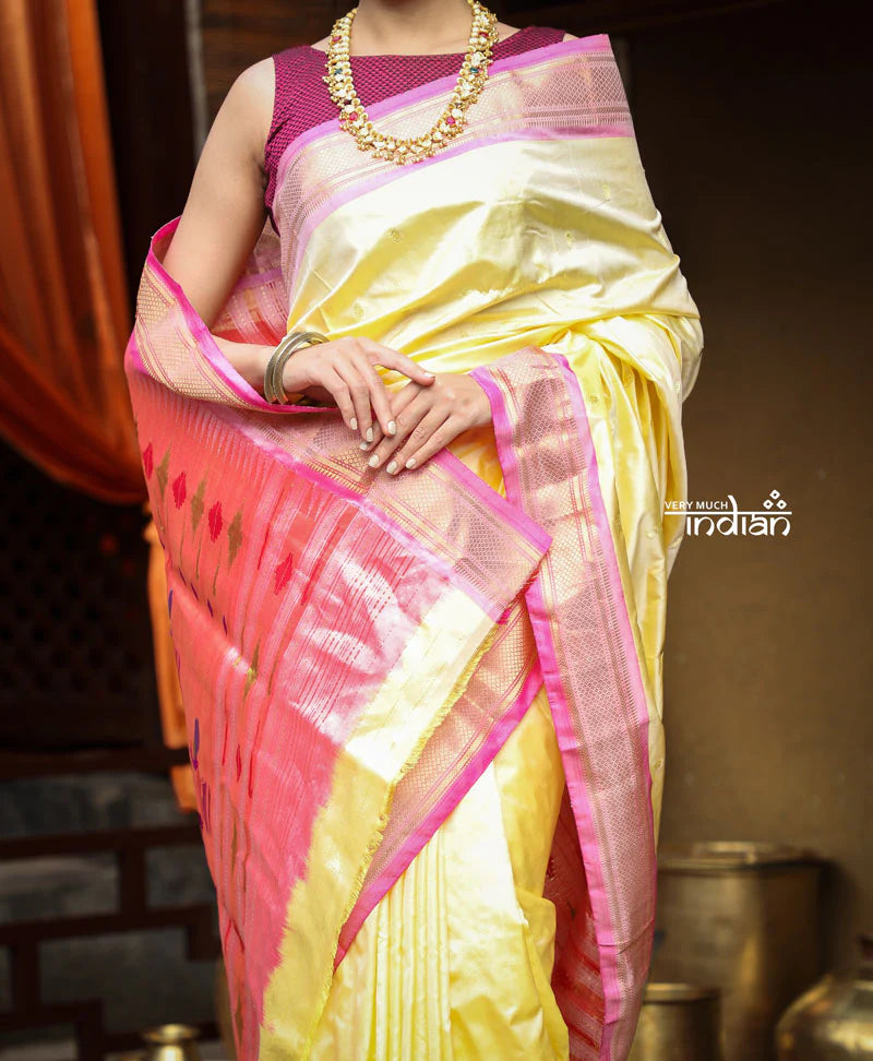 Utsaav ~ Traditional Handloom Pure Silk Paithani Pastel Light Yellow with Light Pink Border