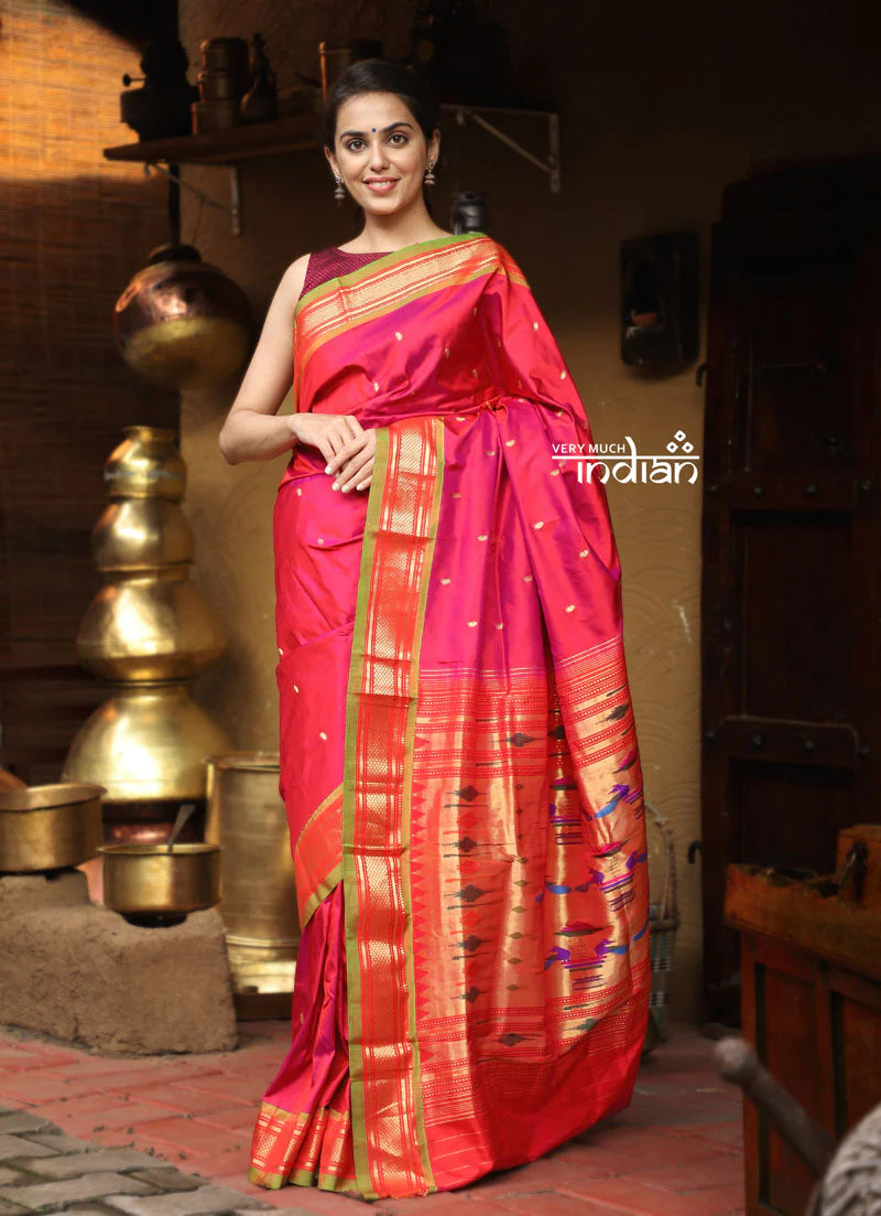 Utsaav ~ Traditional Handloom Pure Silk Paithani Beautiful Peach Pink with Fresh Green Border