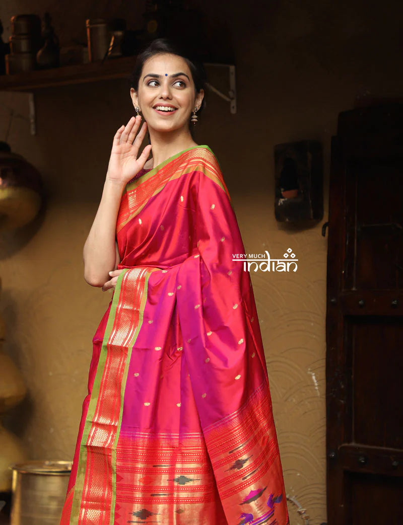 Utsaav ~ Traditional Handloom Pure Silk Paithani Beautiful Peach Pink with Fresh Green Border