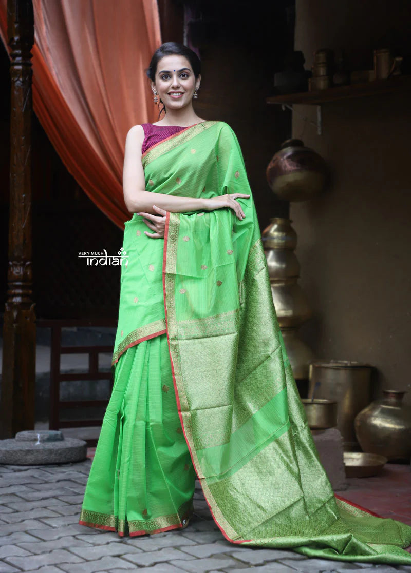 Utsaav ~ Banarasi Pure Cotton Silk Chanderi Handloom in Perfect Fresh Green with Subtle Zari