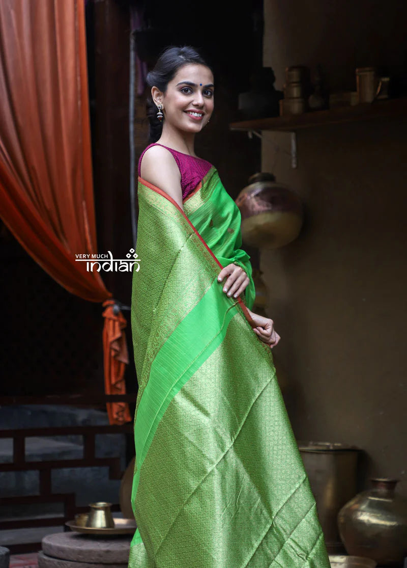 Utsaav ~ Banarasi Pure Cotton Silk Chanderi Handloom in Perfect Fresh Green with Subtle Zari