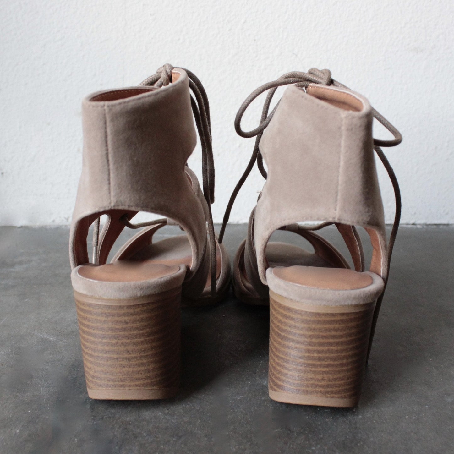 Final Sale - Lace Up Cut Out Heeled Sandals in Taupe