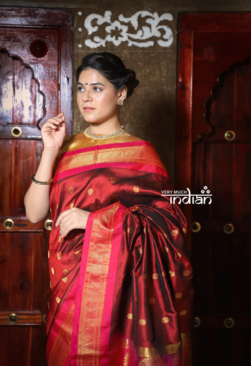 Rajsi~ Pure Silk Handloom - Maharani Paithani in Maroon with Pink Border, Floral Buttis all over saree, High Quality Silk