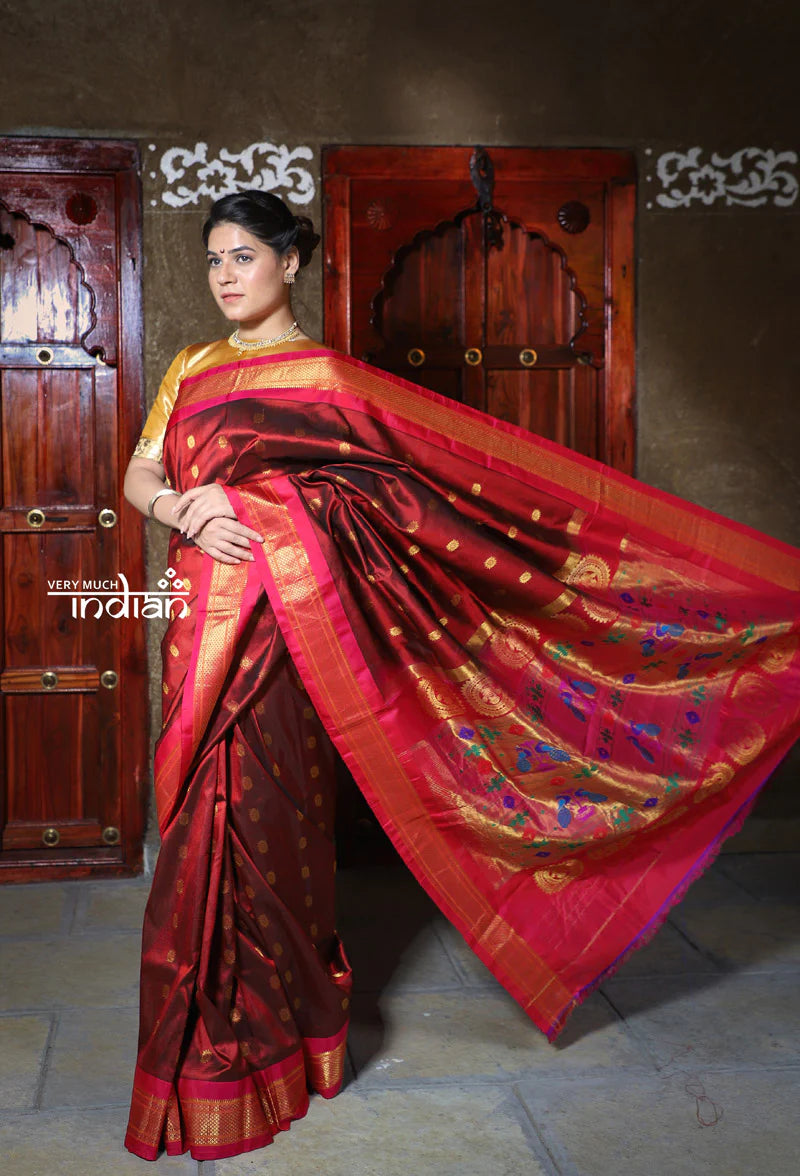 Rajsi~ Pure Silk Handloom - Maharani Paithani in Maroon with Pink Border, Floral Buttis all over saree, High Quality Silk