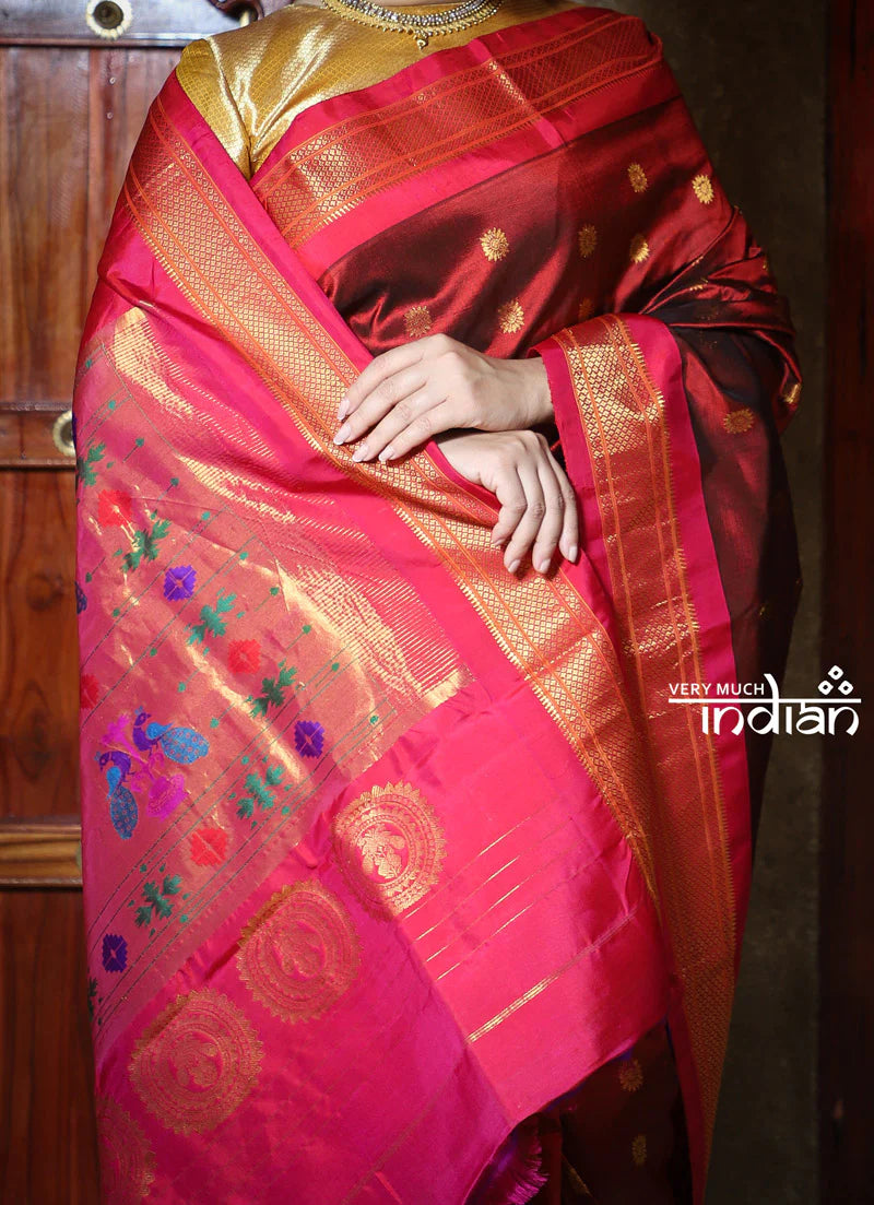 Rajsi~ Pure Silk Handloom - Maharani Paithani in Maroon with Pink Border, Floral Buttis all over saree, High Quality Silk