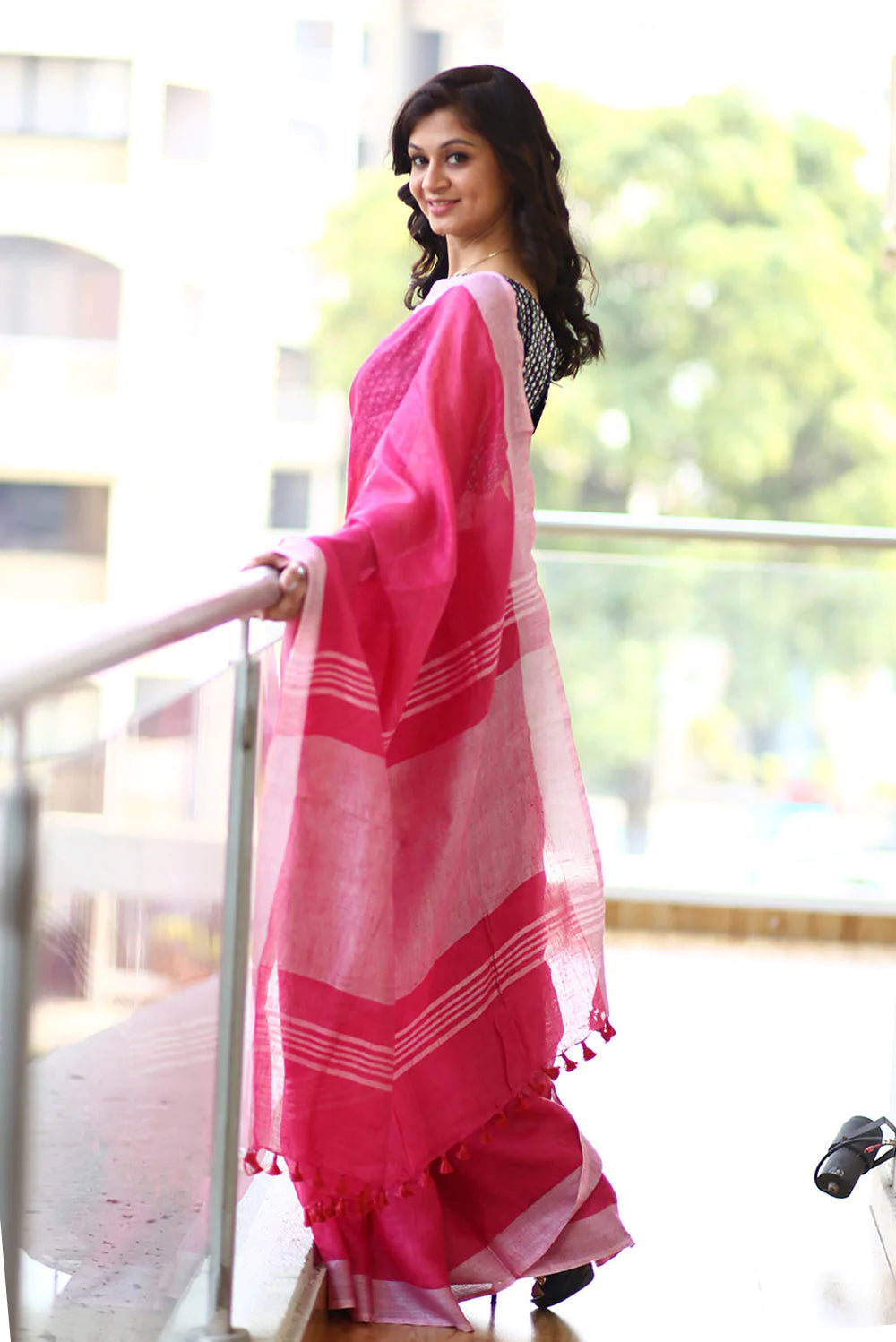 Pure Organic Linen Saree – Bright Pink (Hand-Dyed)