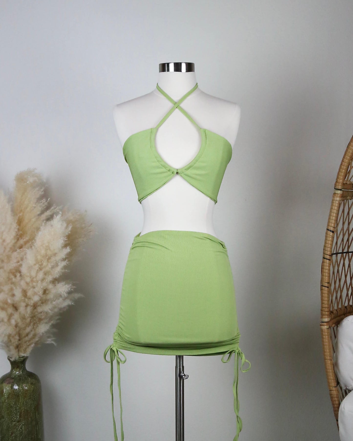 Ribbed Knit Halter Ruched Skirt Set in Green