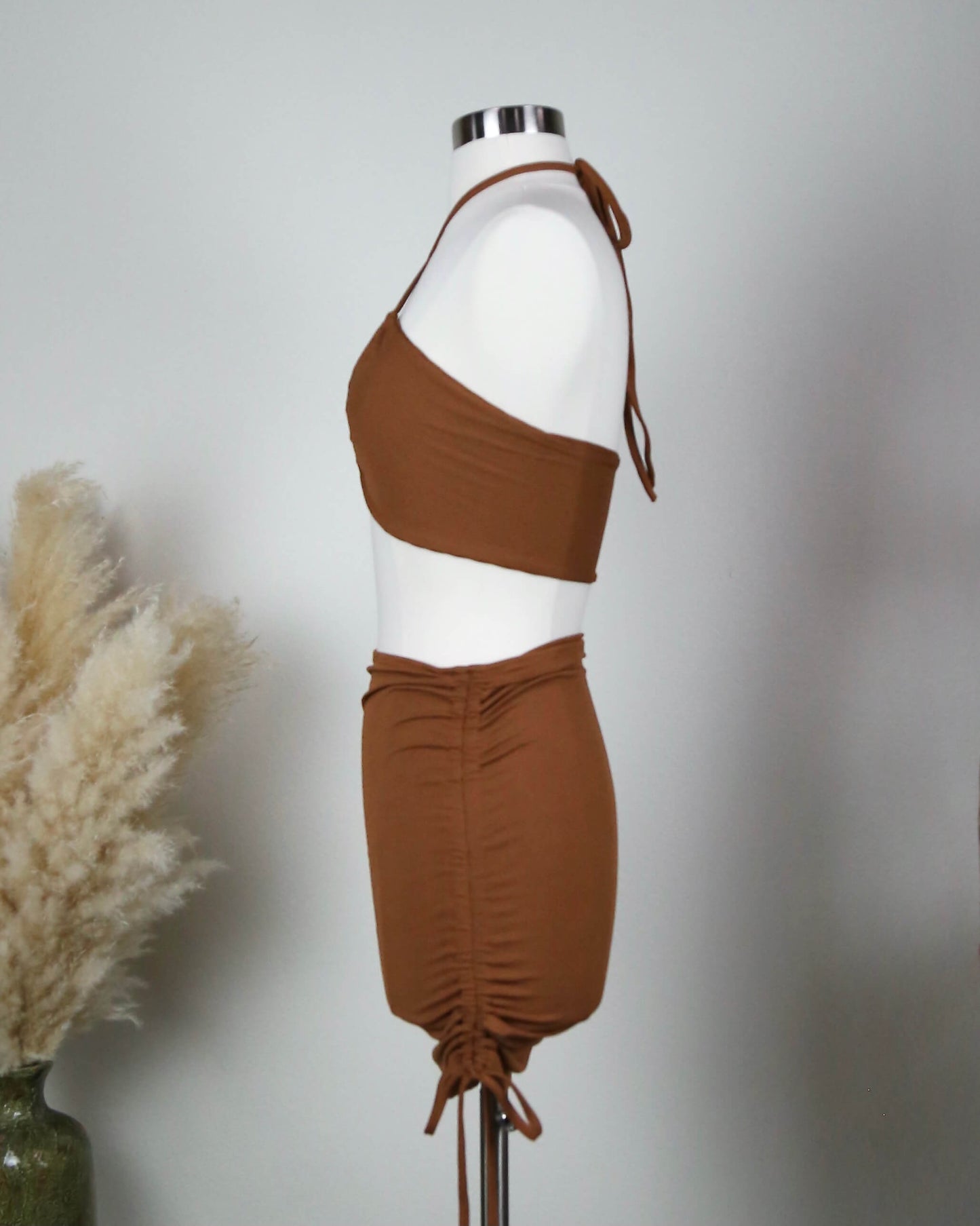 Ribbed Knit Halter Ruched Skirt Set in Brown