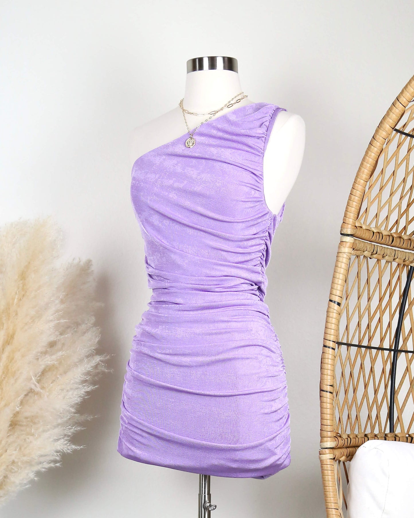 The Goddess Ruched One Shoulder Mini Dress in More Colors