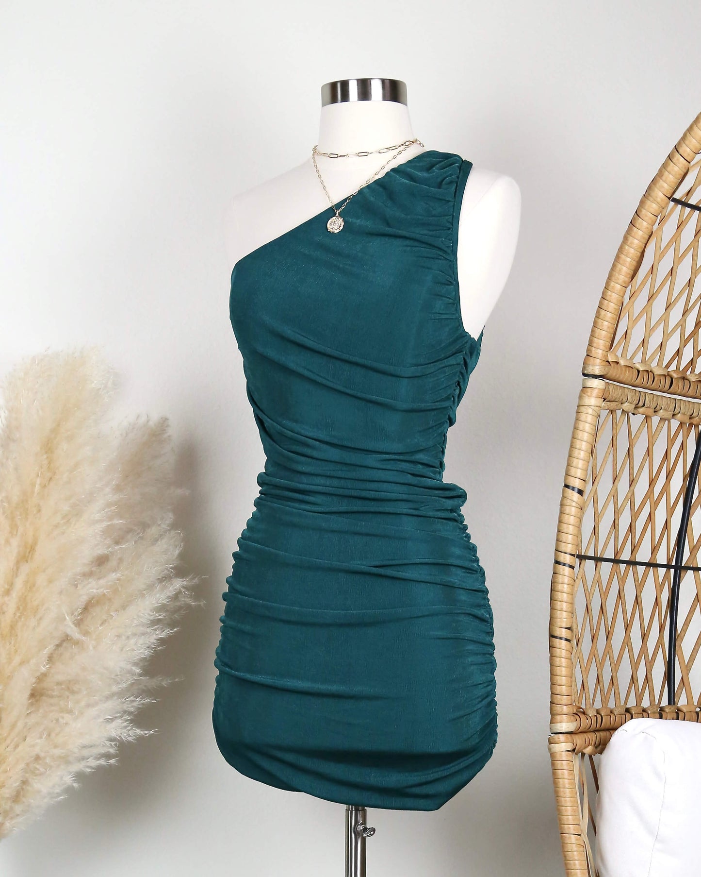 The Goddess Ruched One Shoulder Mini Dress in More Colors