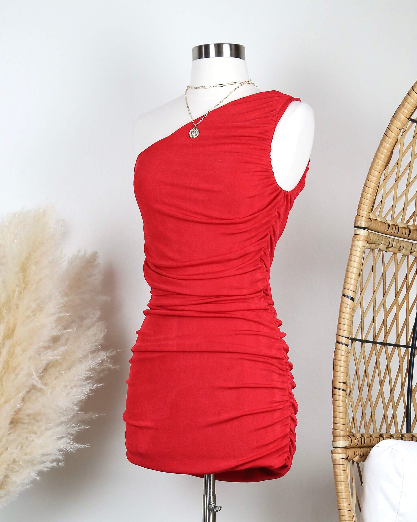 The Goddess Ruched One Shoulder Mini Dress in More Colors