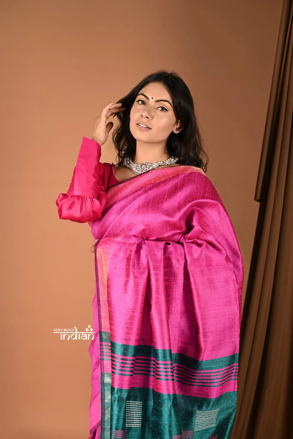 Handloom and Charkha Woven Pure Dupion Silk by Govt certified Weavers - Fushia Pink Shade
