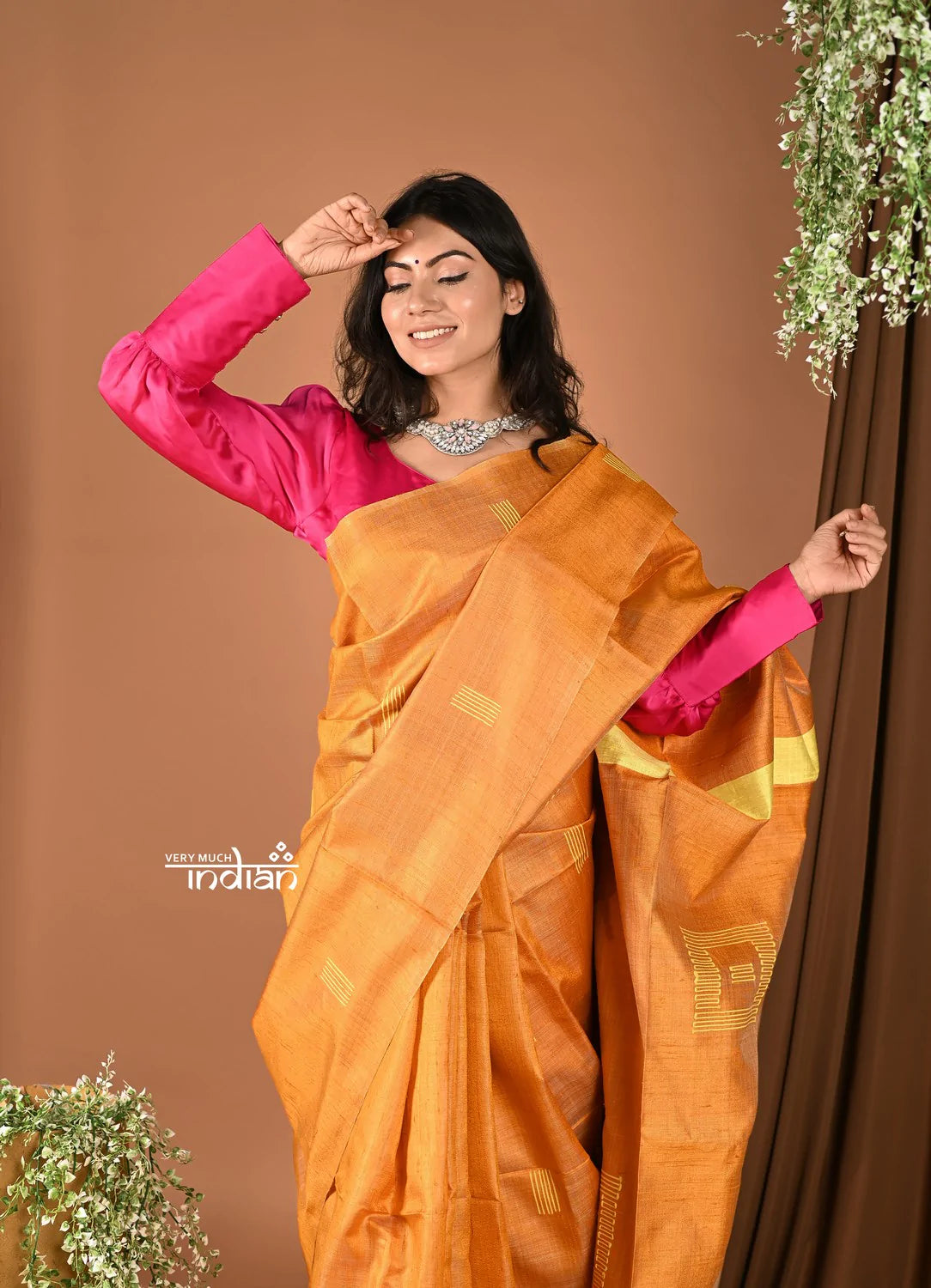 Handloom and Charkha Woven Pure Dupion Silk by Govt certified Weavers - Khaddi Orange