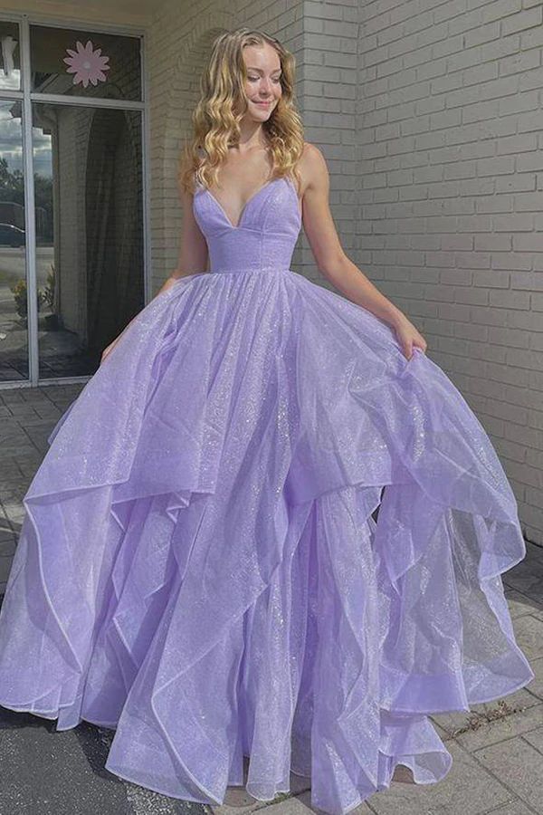 Lavender Ruffles Backless Poofy Prom Dress
