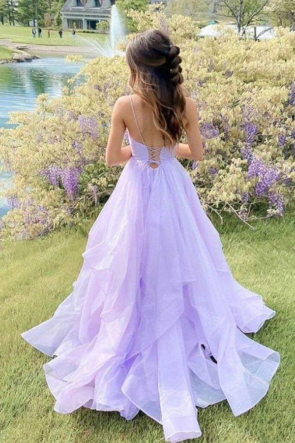 Lavender Ruffles Backless Poofy Prom Dress