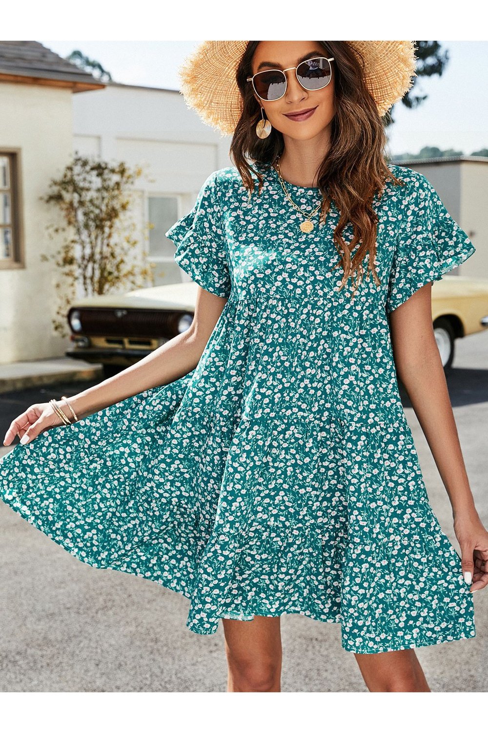 Leopard Short Flounce Sleeve Tiered Dress