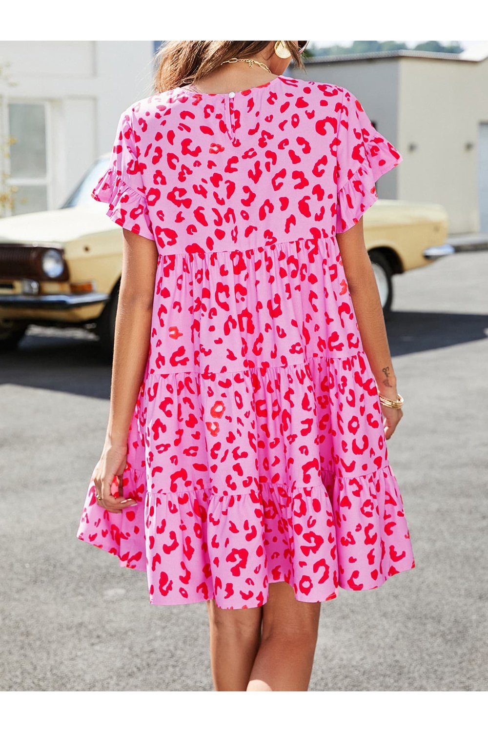 Leopard Short Flounce Sleeve Tiered Dress