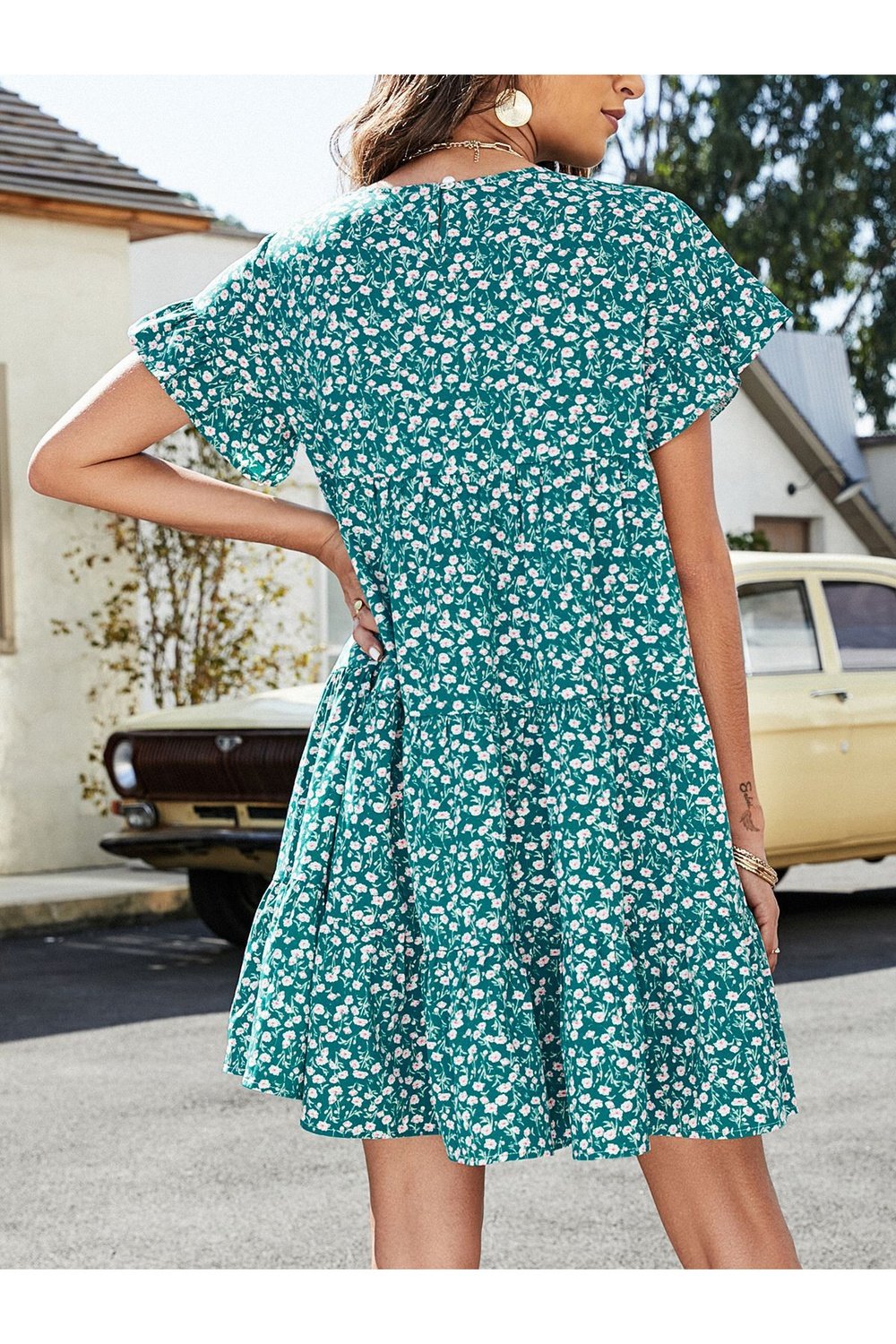 Leopard Short Flounce Sleeve Tiered Dress