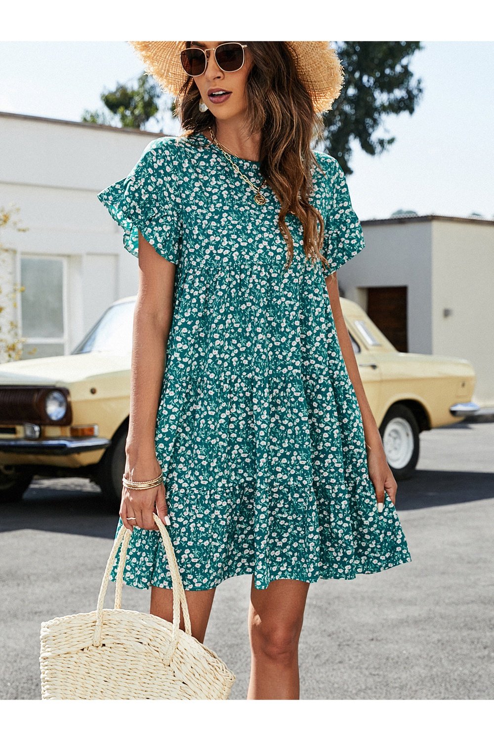 Leopard Short Flounce Sleeve Tiered Dress
