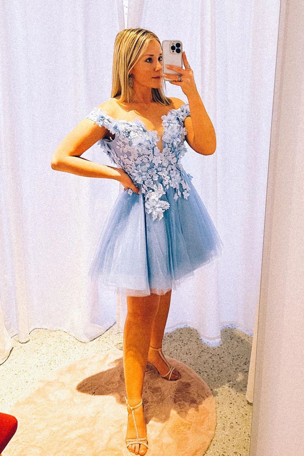 Unique Light Blue 3D flowers Off Shoulder Homecoming Dress