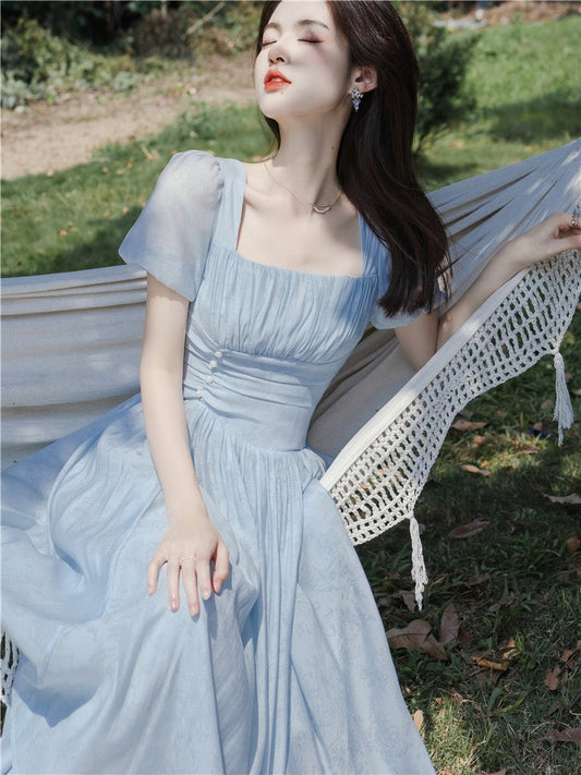 Light Blue Square Neck Vintage Summer Swing Dress